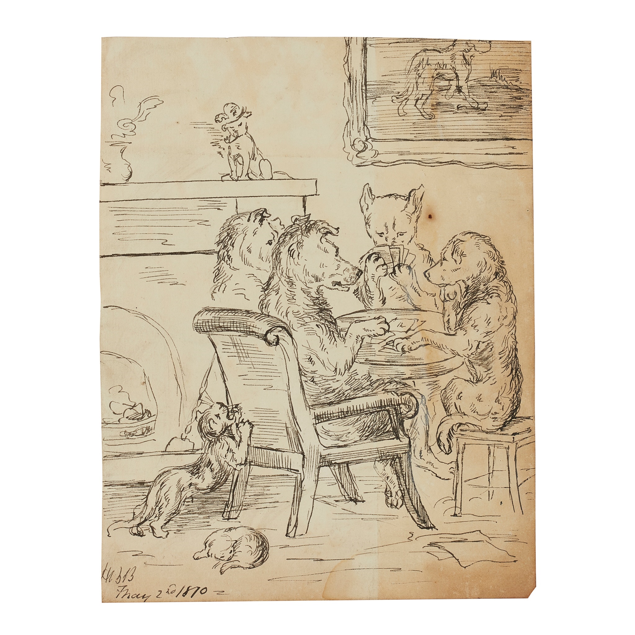 188 HANNAH BARLOW (1851-1916) THE DOG CARD GAME, 1870 pen and ink on paper, bears monogram and dated in pen (lower left), 21cm (8 1/4in) high, 16cm (6 1/4in) wide; together with FOURTEEN FURTHER DRAWINGS, mainly featuring dogs and cats, all unframed  (Qty: 15)  Literature: Christie’s South Kensington, Catalogue of an exhibition of pottery Hannah Barlow: a pioneer Doulton artist 1851- 1916, August 1985, published by Richard Dennis, p. 12, fig. 13 (illustrated).  Estimate £800 - £1,200